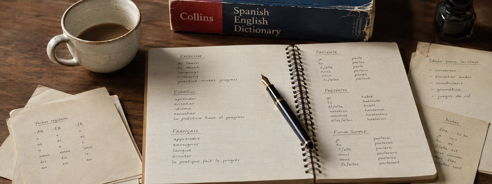 Lehrer-Schreibtisch mit Notizbuch in Englisch, Spanisch, Französisch und Italienisch, Wörterbuch, Kaffeetasse und Federhalter